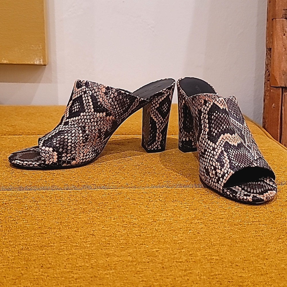 Vince Heath Snake Print leather block mules
